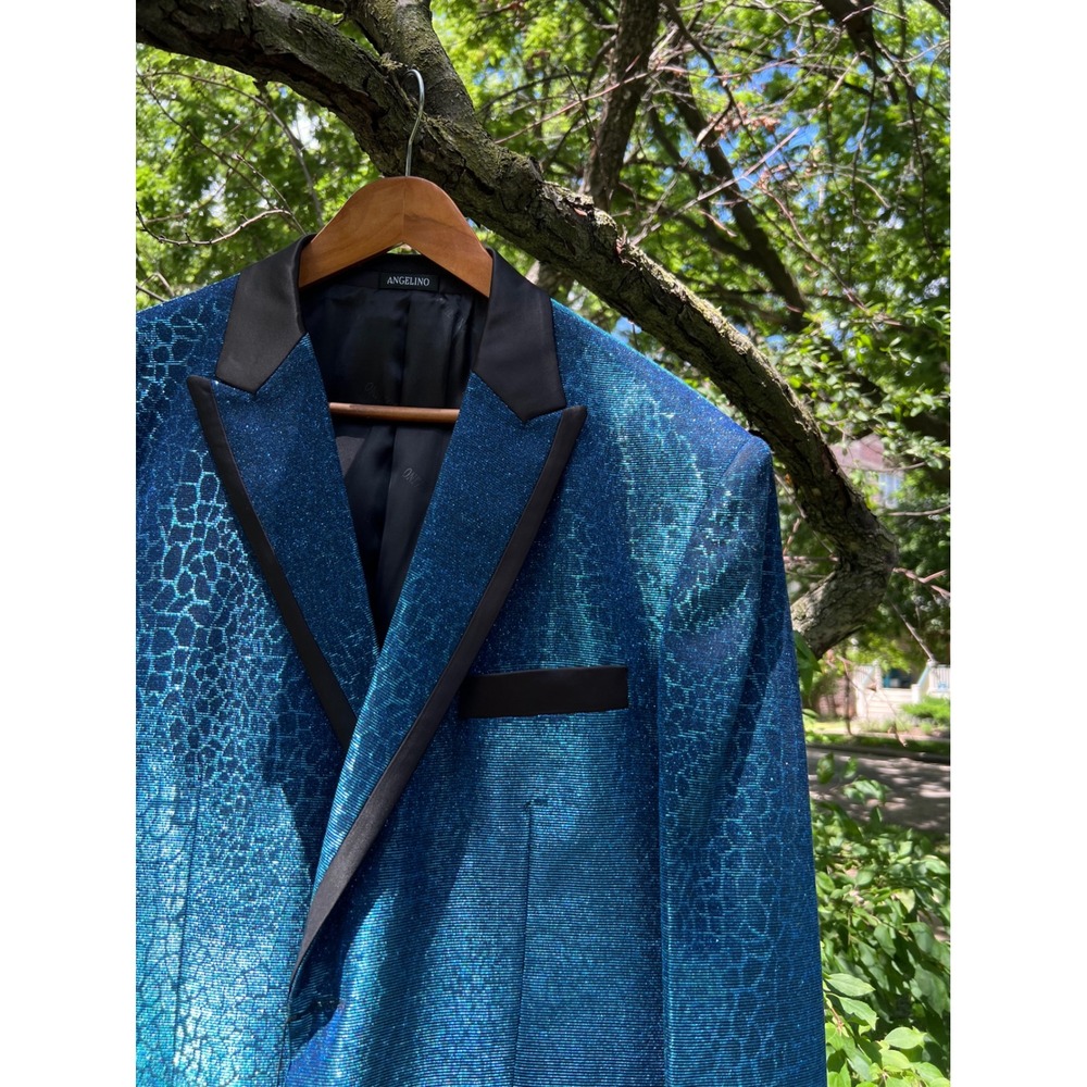 ANGELINO Shiny Blue Tuxedo Blazer/ Metallic Glitz Prom & Party Jacket Sz 42 NWT